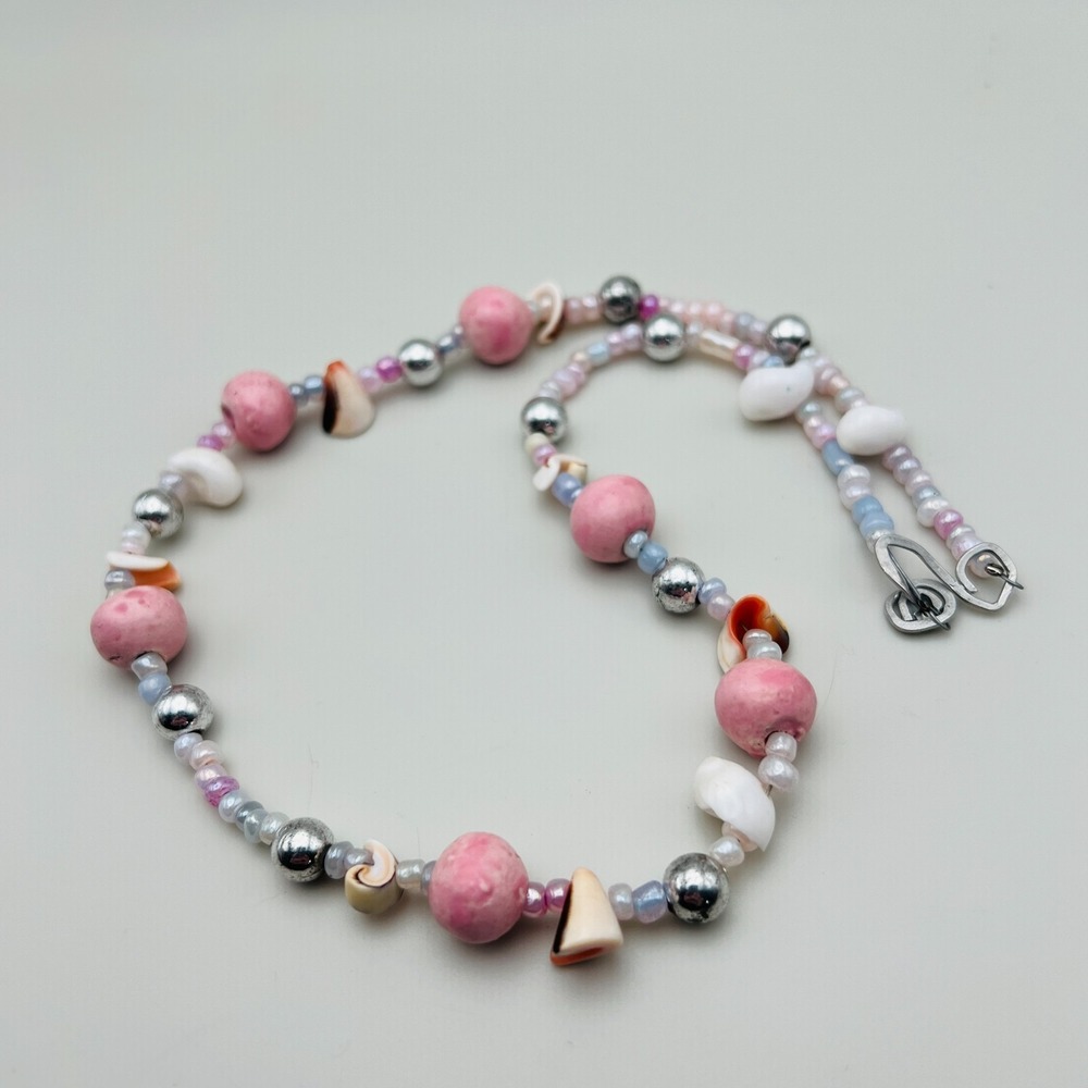 Beaded Necklace Pink White Shell Mixed Bead Silver Tone Pastel Coastal Style 20"